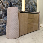Natural Wood Veneer Sideboard with Dark Marble Top, Quilted Curved Side Panels, Four Drawers and Dual Cabinets